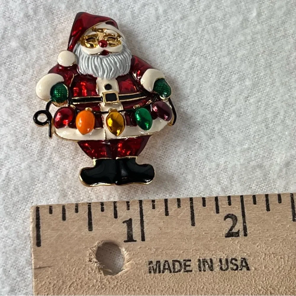 Santa Claus with Lights Christmas Brooch Pin Enameled Holiday Festive